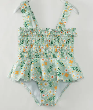 Faire -  Floral Smocked Ruffle Swimsuit