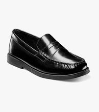 Load image into Gallery viewer, Croquet Penny Loafer in black viewed at a 45%