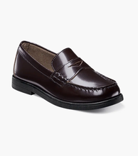Load image into Gallery viewer, Croquet Penny Loafer in burgundy viewed at a 45%
