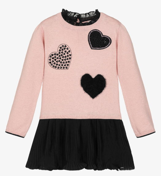 Boboli - Knit Dress Pink and Black with Hearts