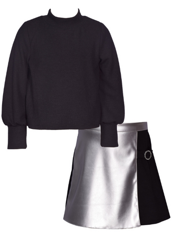 Bonnie Jean - Black & Silver Faux Leather Skirt Set