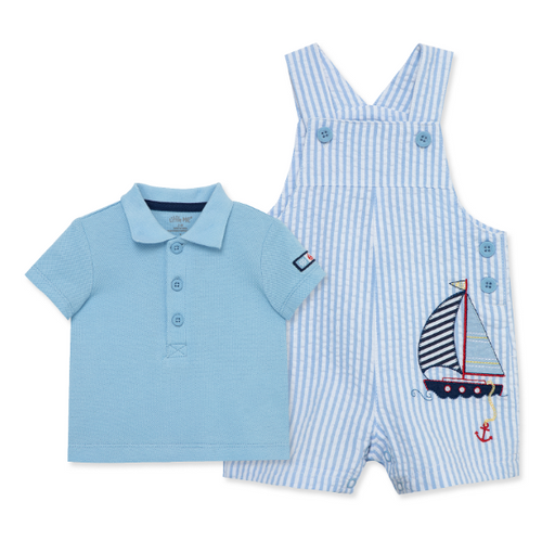 Little Me - Seersucker Sailboat Shortall Set