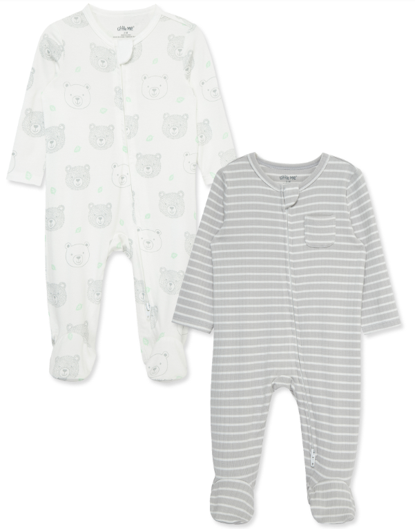 Little Me - Fuzzy Bear/ Grey Stripe 2 Pack Footie