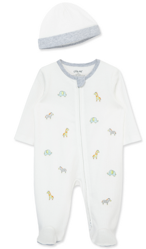 Little Me - White Footie with Safari Animals