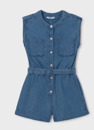 Mayoral- Belted Denim-Look Romper