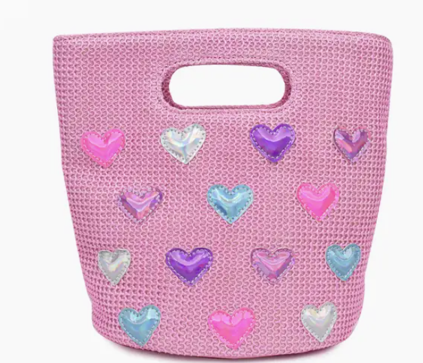 OMG ACCESSORIES - Heart Patched Pink Straw Tote