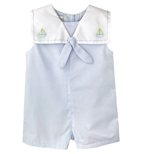 Petit Ami - Petit Ami Blue/White Sailor Sunsuit W/Sailboat Shadow Emb