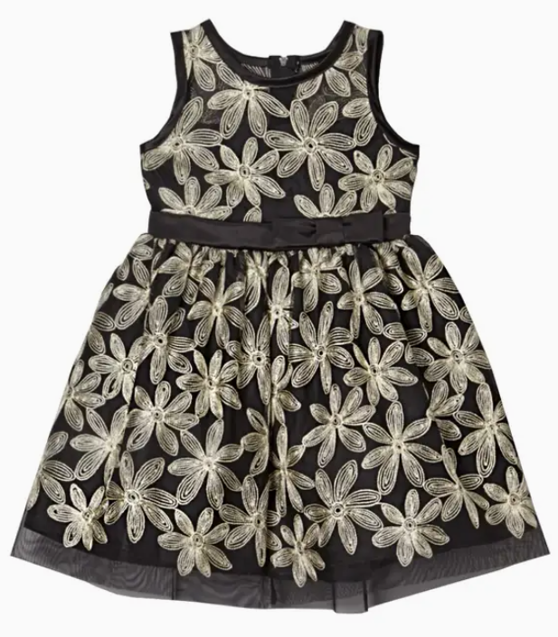 Sweet Kids - Black w/ Gold Floral Embroidered Dress