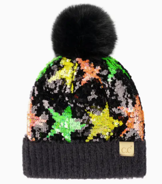 CC - Kids Star Sequin Fur Pom Beanie