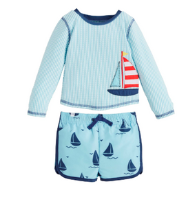 Mud Pie - Sailboat Rash Guard And Trunk Set