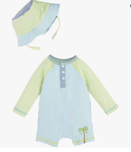 Mud Pie- Striped Seersucker Rashguard and Hat Set