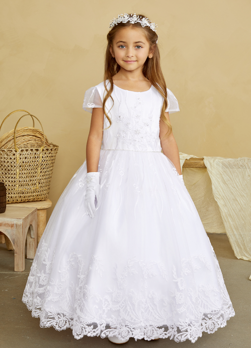 Girls White Floral Lace Applique Communion Dress, Sizes 7-18 from Tip Top Kids at Sophia's Style 14