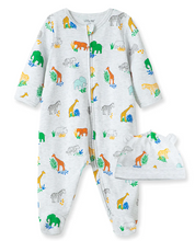 Load image into Gallery viewer, Little Me - Bright Safari Zip Footed One-Piece and Hat